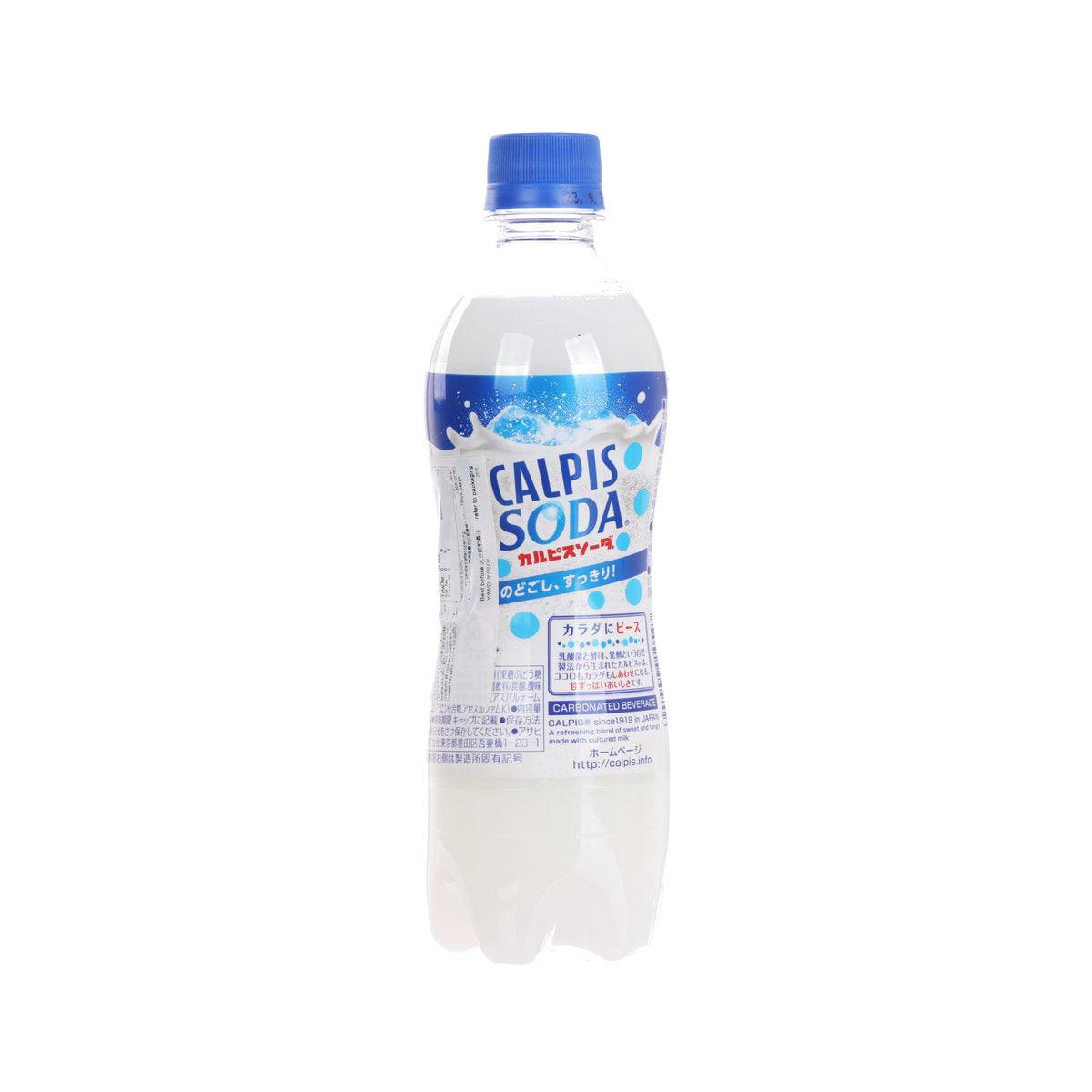 CALPIS Soda PET bottle, 500 mL, clear plastic with blue cap and back label text