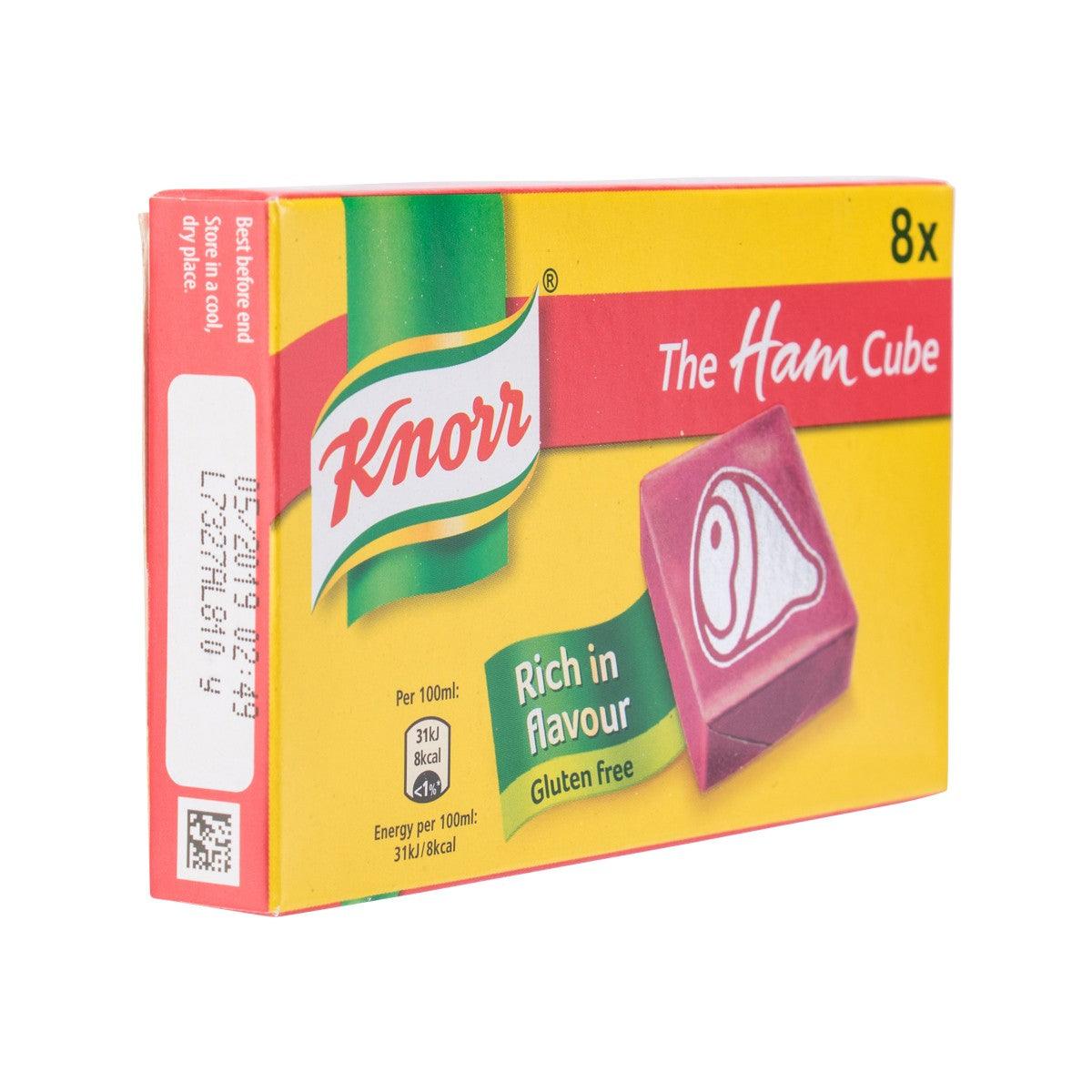 Knorr ham stock cube box side with 8 cubes, gluten free
