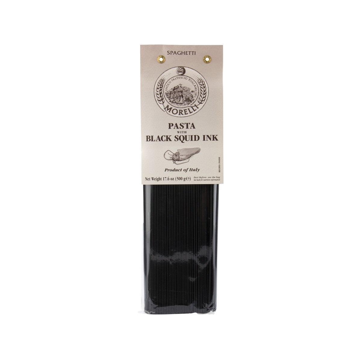 Black squid ink spaghetti pasta, packaged, front label view