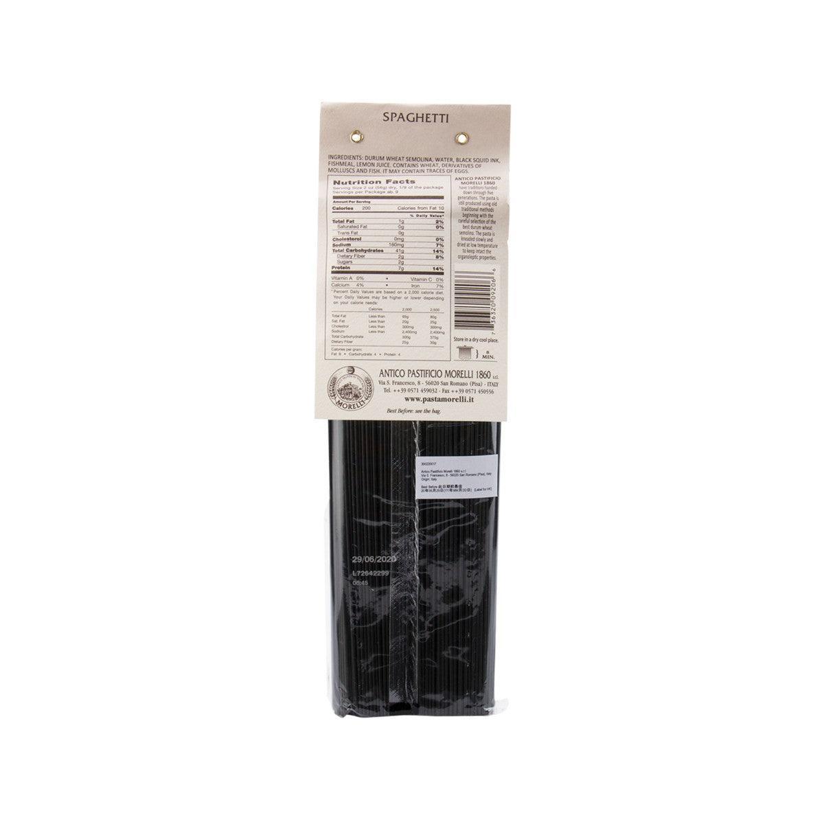 Black squid ink spaghetti pasta, packaged, back label with nutrition table