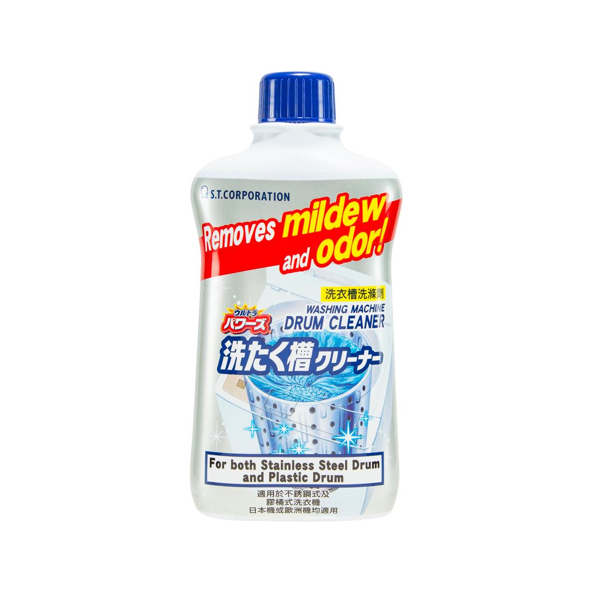 Washing machine drum cleaner bottle with blue cap, front label for removing mildew