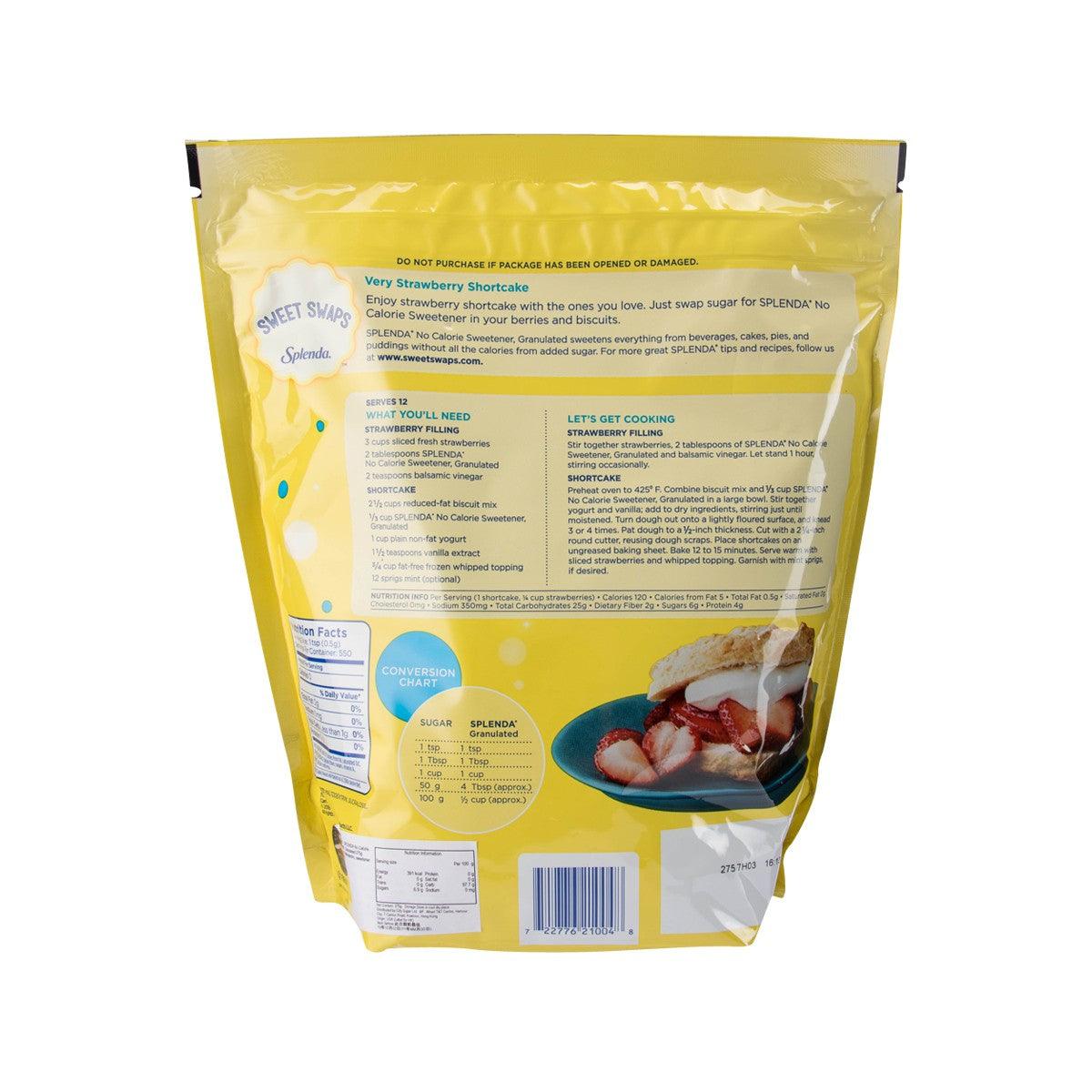 Granulated zero-calorie sweetener pouch back panel with nutrition and barcode