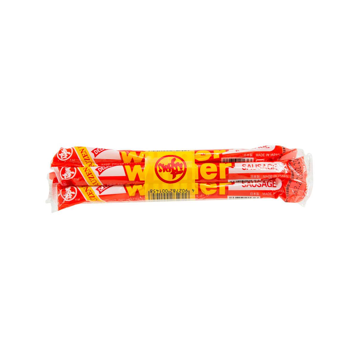 MARUZEN fish meat sausage, red sealed wrapper with yellow band across center