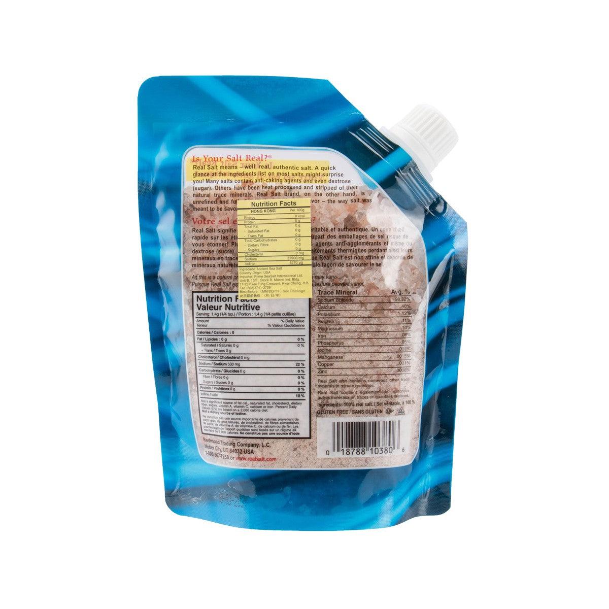 Coarse sea salt pouch, back label with nutrition facts, 454 g