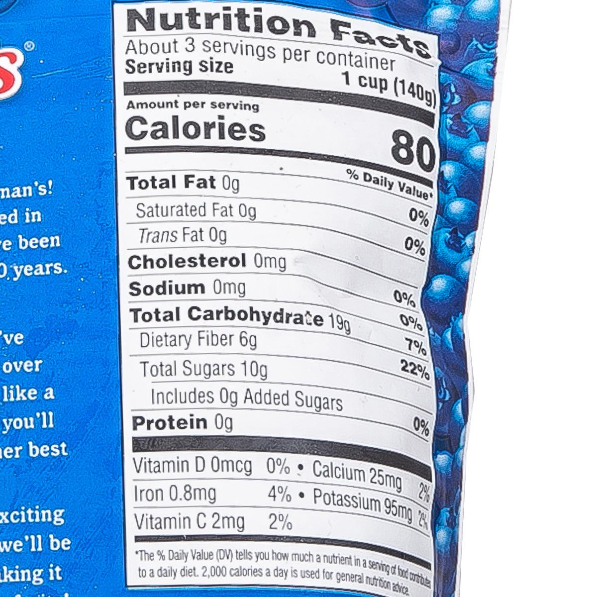 Nutrition facts panel for frozen wild blueberries, serving size 1 cup (140g)
