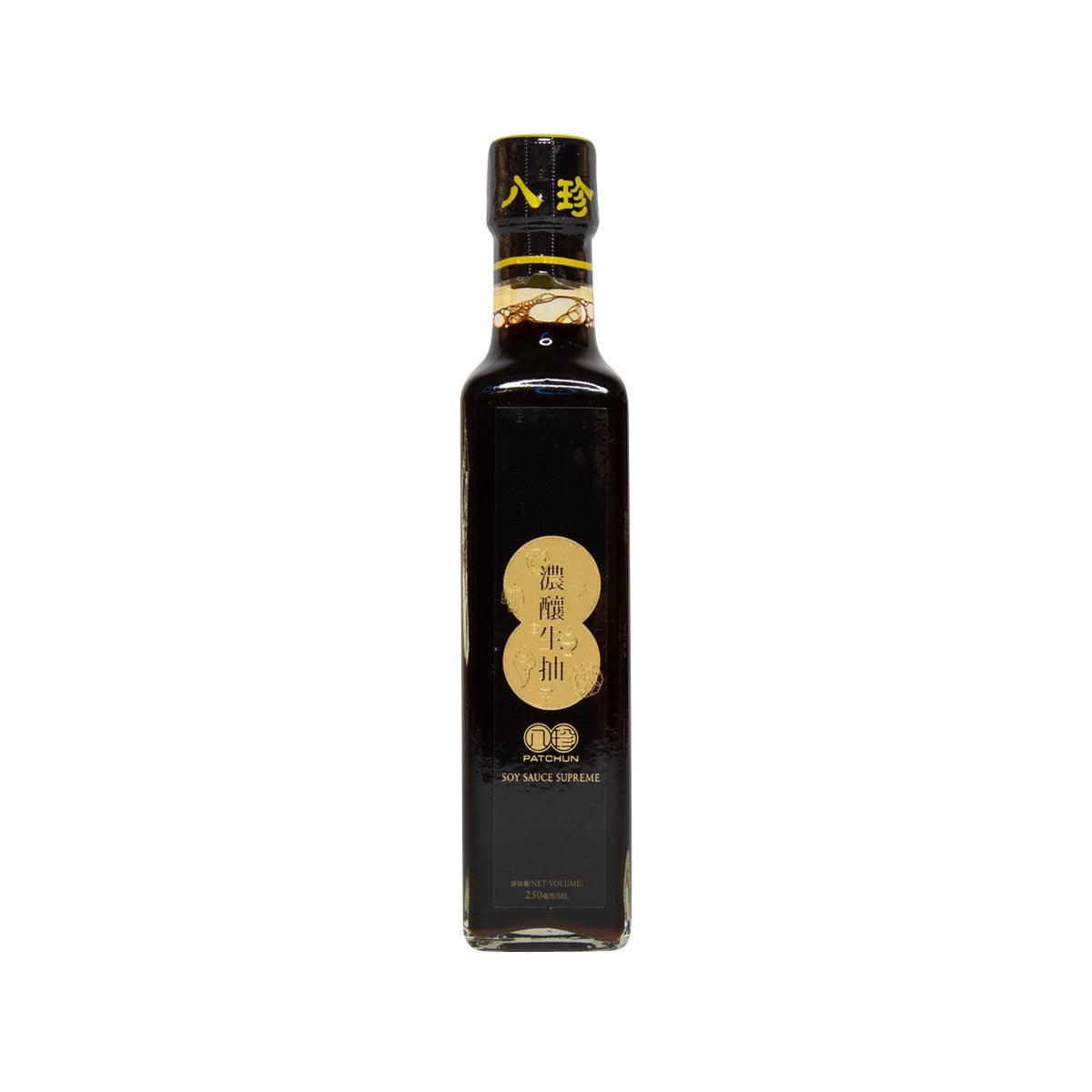 Soy sauce bottle with dark glass and yellow-black label, PAT CHUN, 300 mL
