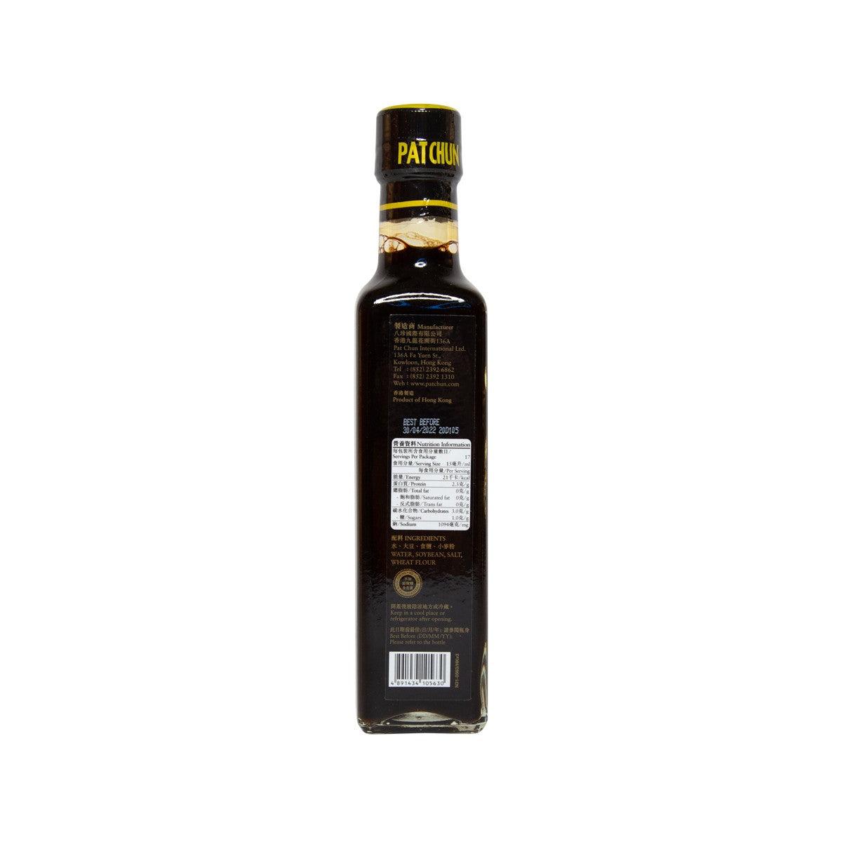 Back of PAT CHUN soy sauce bottle with barcode and label, 300 mL