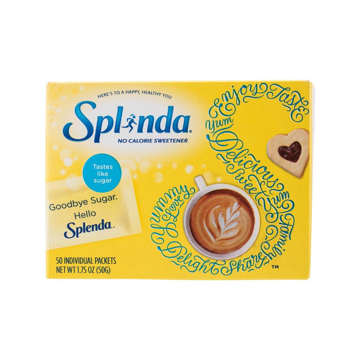Splenda no-calorie sweetener packets box, yellow front with blue logo and heart.