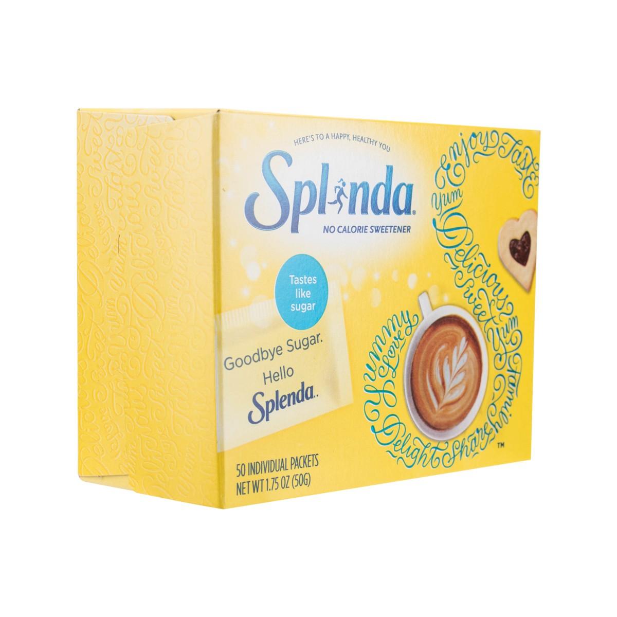 Splenda no-calorie sweetener packets box, yellow side view with Splenda branding.