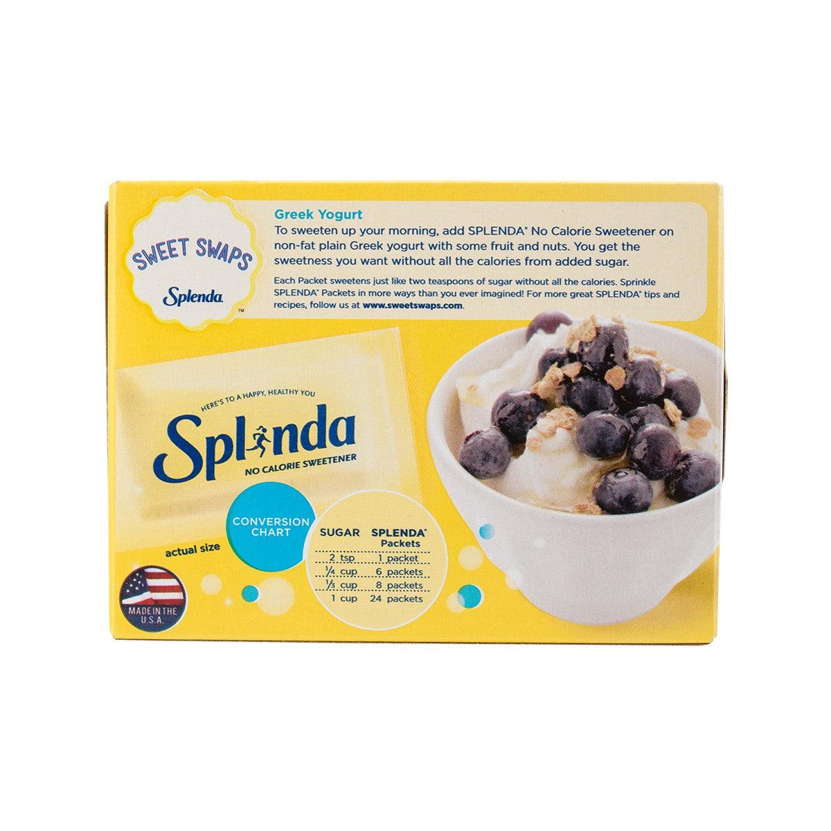 Splenda no-calorie sweetener packets box, back with serving info and berry cup graphic.