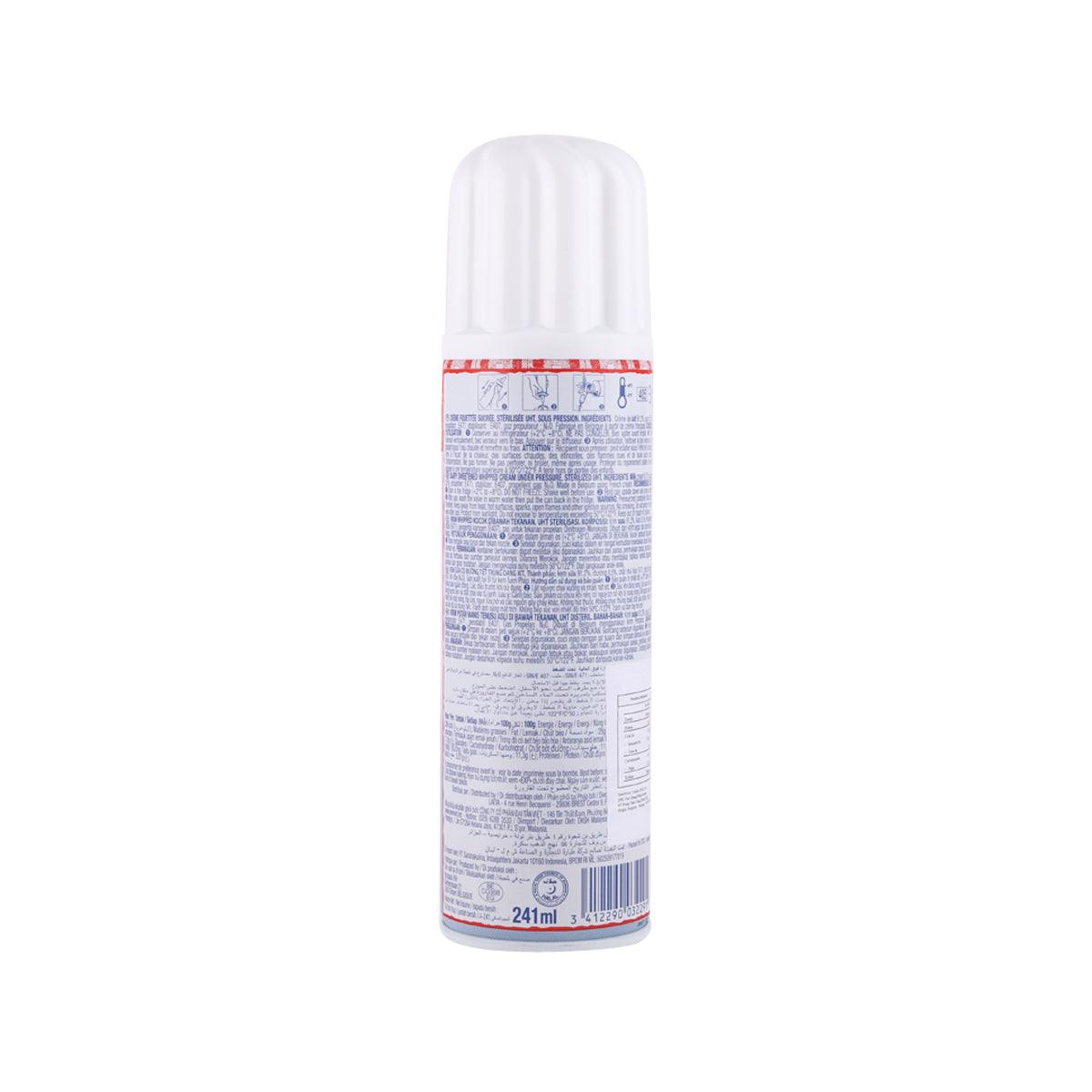 Whipped cream spray can back with blue ingredient label and barcode