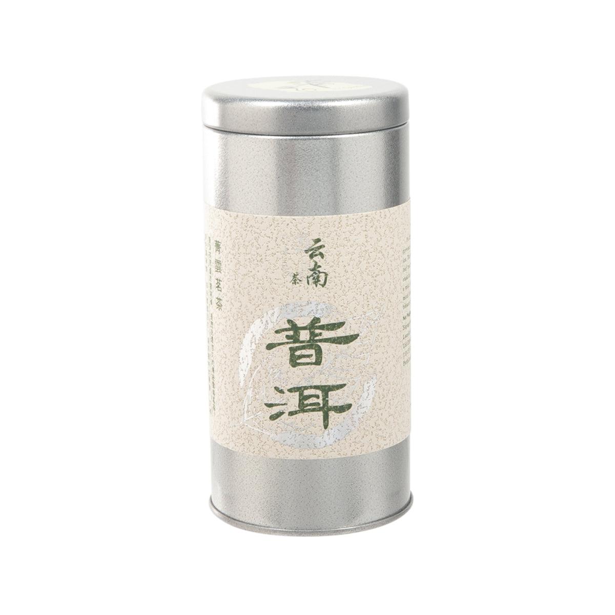 J'S Garden Pu'er tea tin with front label on silver metal can
