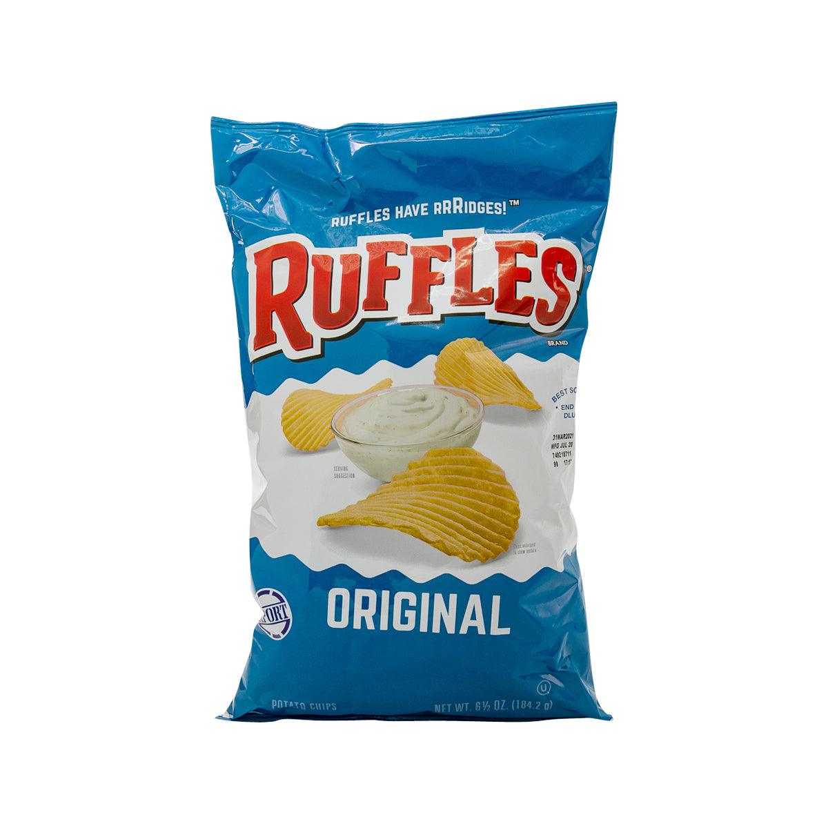 Original potato chips bag with blue wrapper and 'Original' text, Ruffles branding