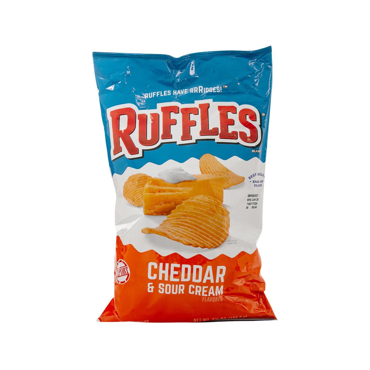 RUFFLES Cheddar & Sour Cream flavored potato chips bag, blue and orange