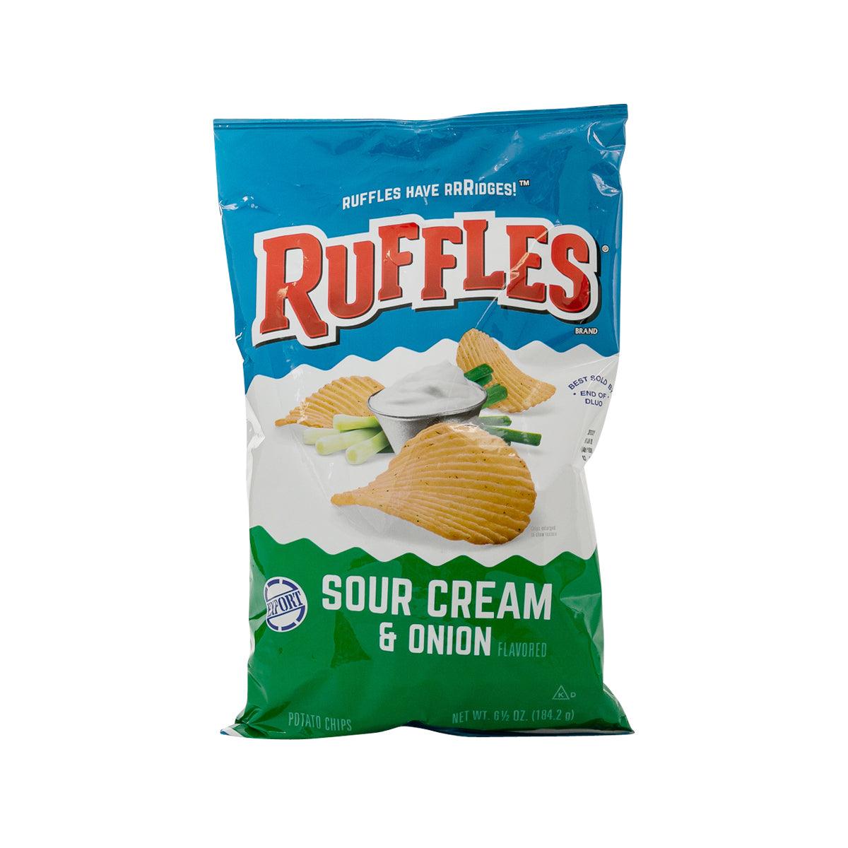 Ruffles sour cream & onion potato chips bag with blue front and chip ruffle graphic