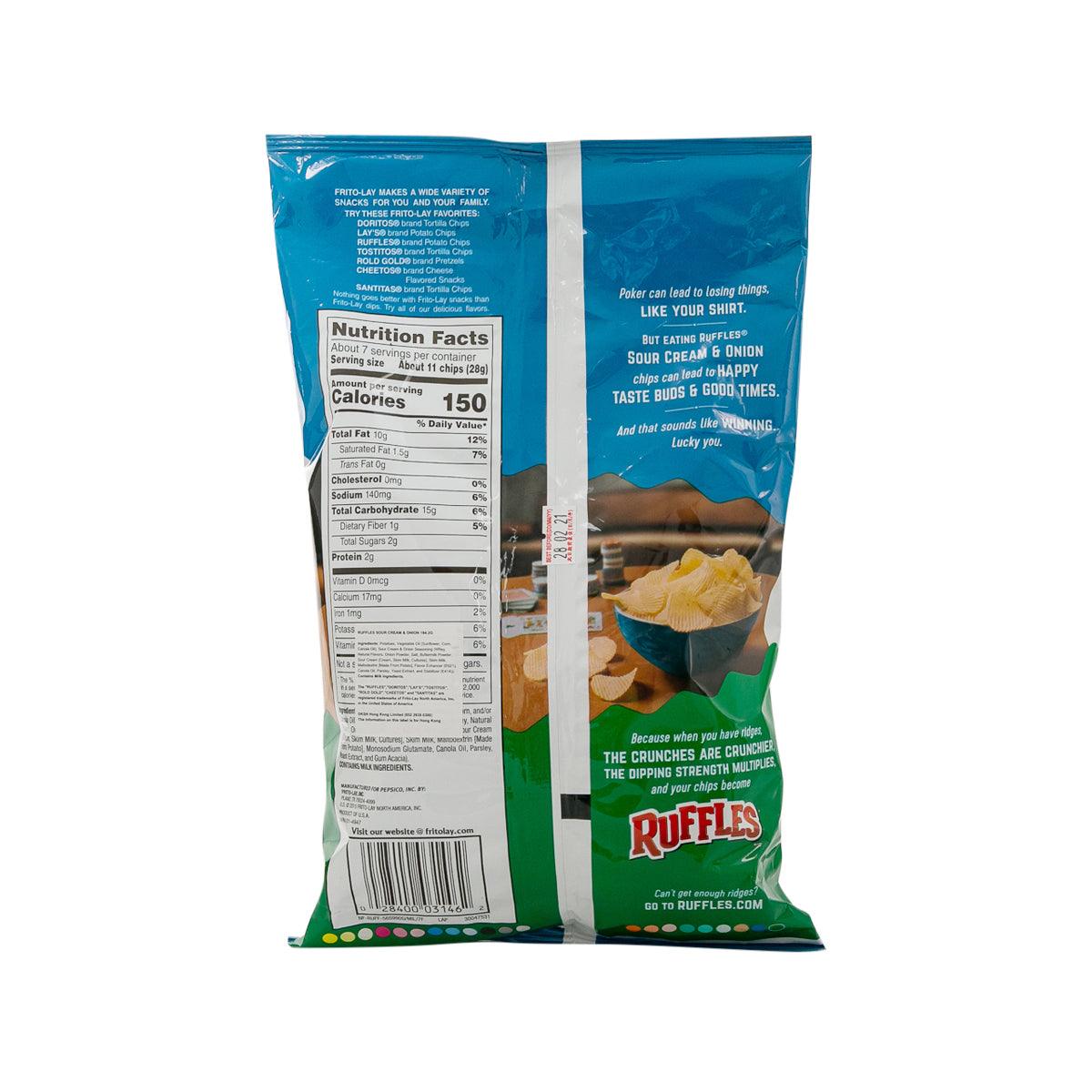 Sour cream & onion potato chips bag back with Nutrition Facts and flavor description