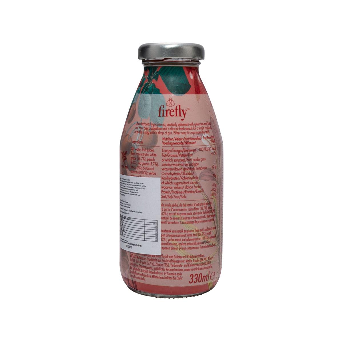 FIREFLY peach & green tea drink bottle back label, 330mL with metal cap