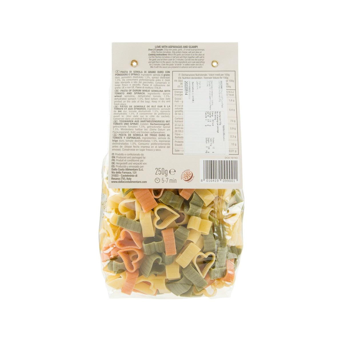 Dalla Costa Love Pasta tomato and spinach ribbon pasta pouch, 250 g, back label