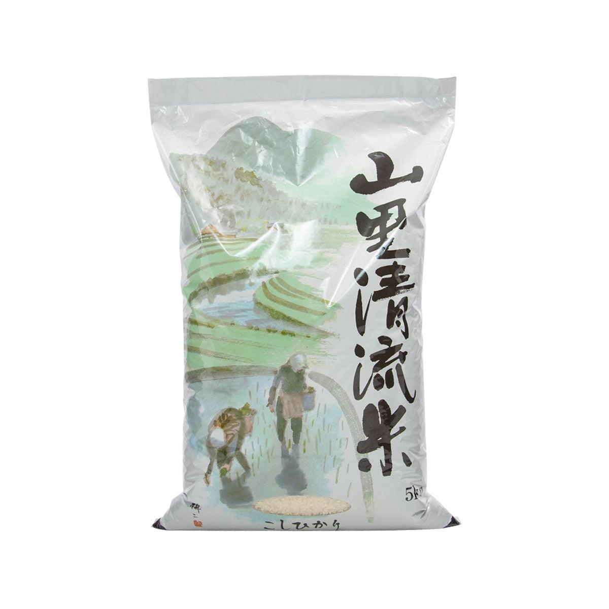 JAPAN FARM Koshihikari rice bag with green field artwork and Japanese text