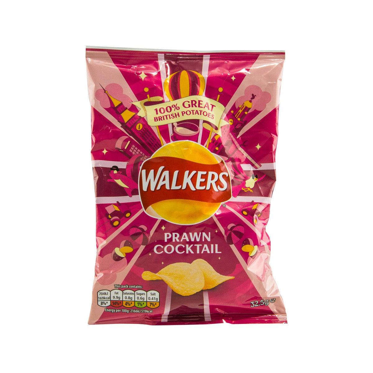 Walkers prawn cocktail potato crisps bag, 32.5g, pink front with logo