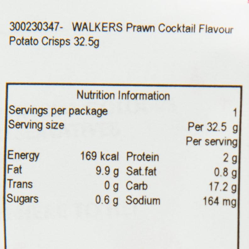 Nutrition info for Walkers prawn cocktail crisps, 32.5g serving: 169 kcal