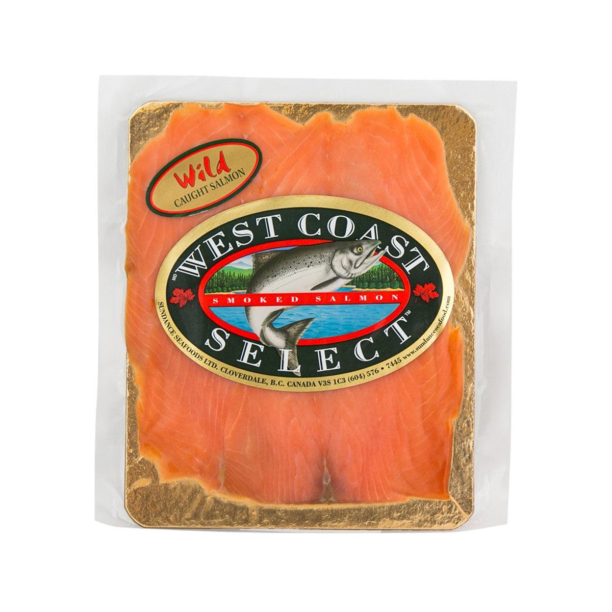 Cold smoked sockeye salmon slices in vacuum-sealed package with logo