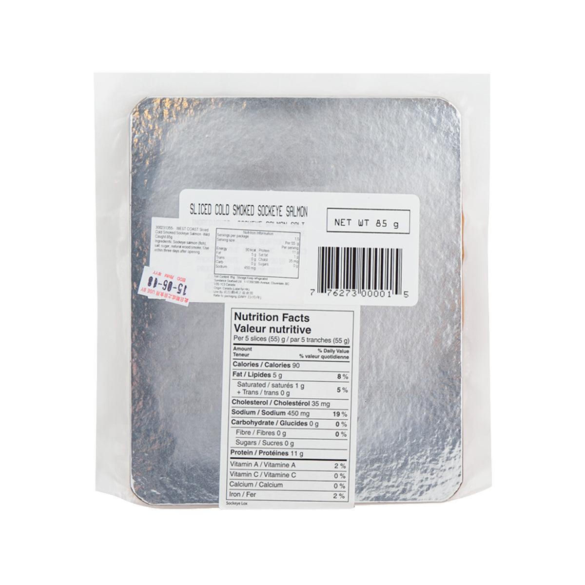 Back of vacuum-sealed cold smoked sockeye salmon with nutrition facts and barcode