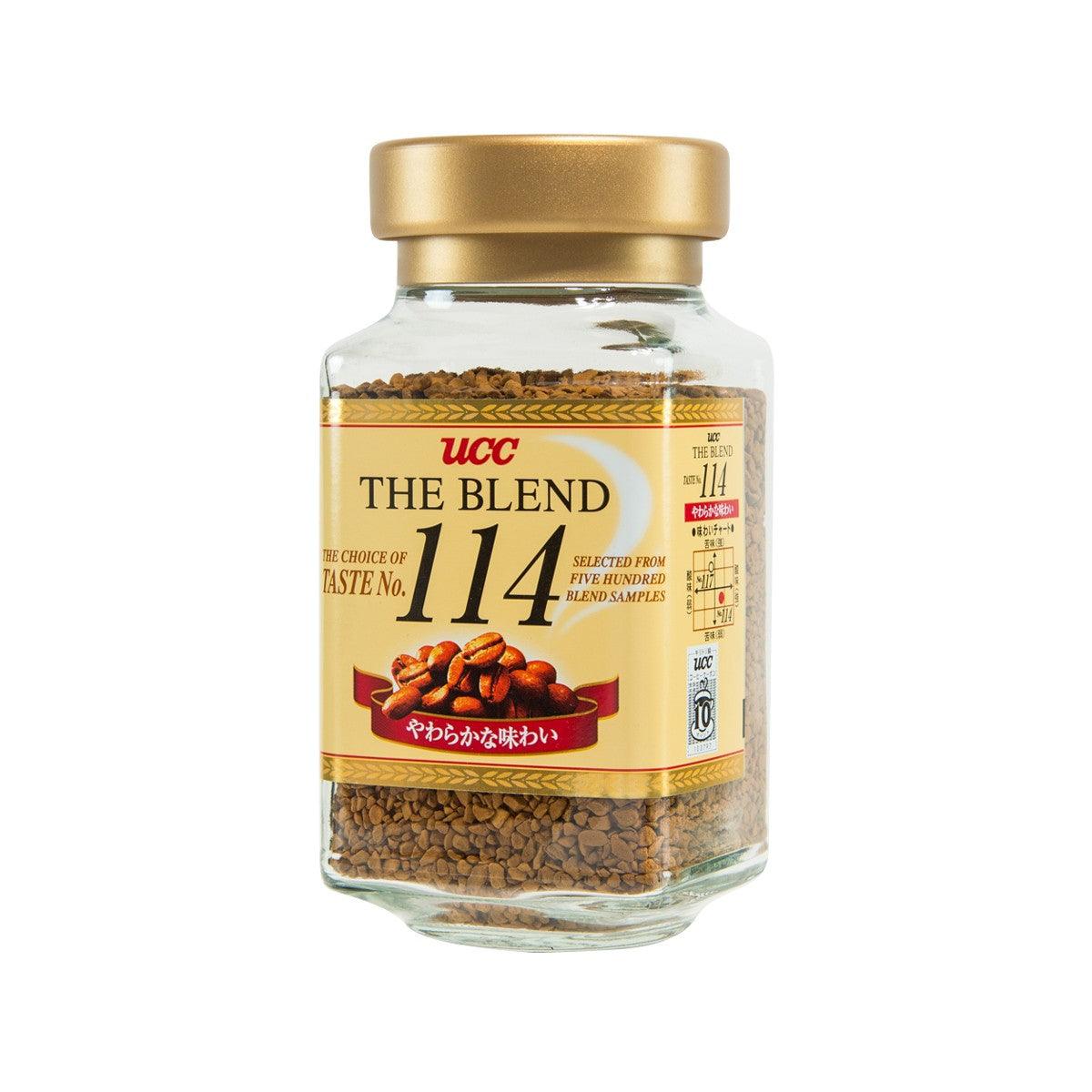Instant coffee jar with gold lid, UCC The Blend 114 side label