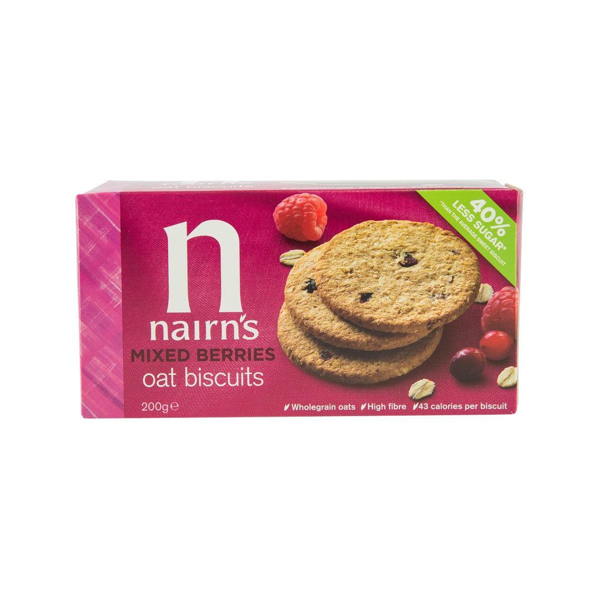 NAIRN'S mixed berries oat biscuits box, illustrated with round biscuits and berries