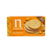 NAIRN'S stem ginger oat biscuits box with round biscuit graphics, orange packaging