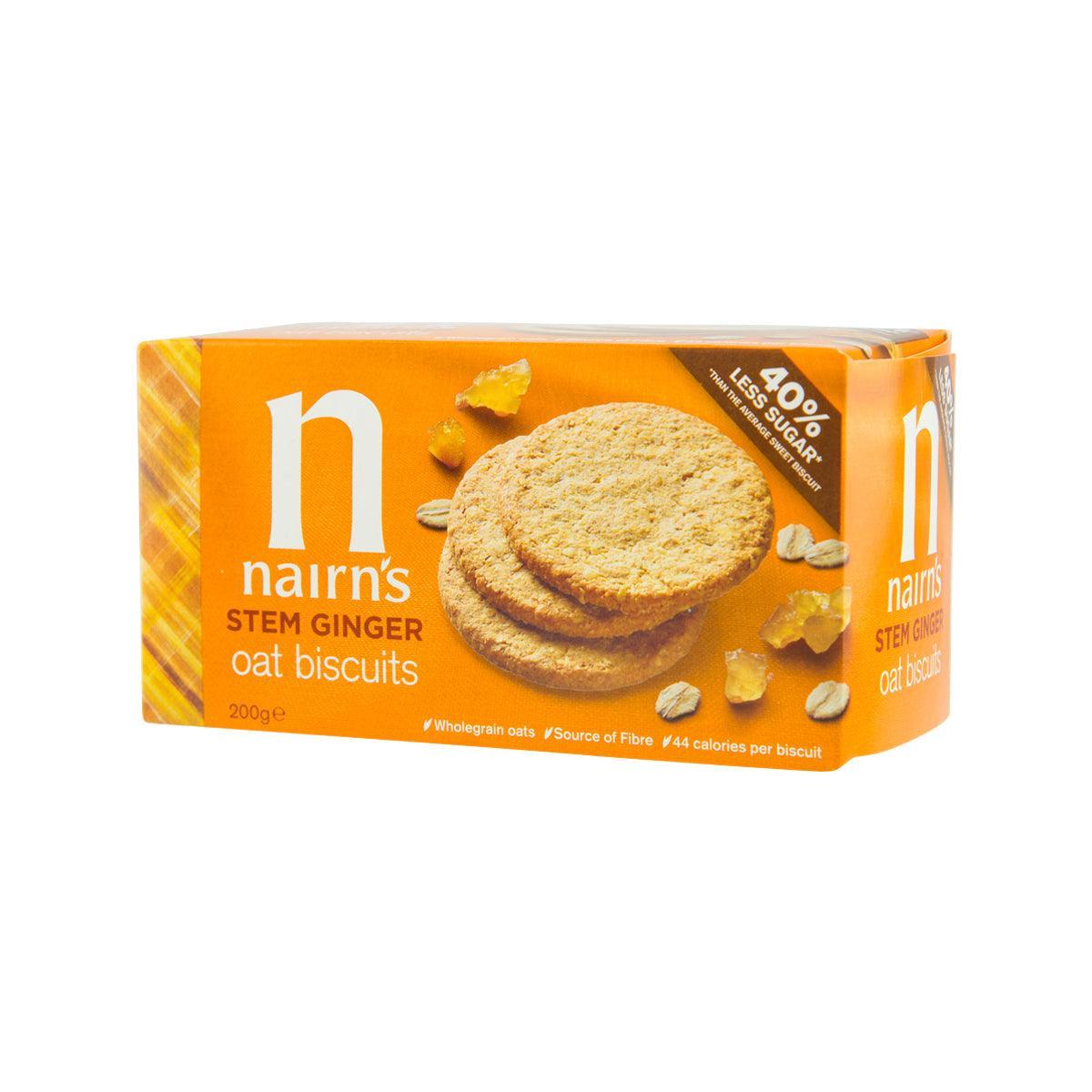 NAIRN'S stem ginger oat biscuits box, side panel and front biscuit image visible
