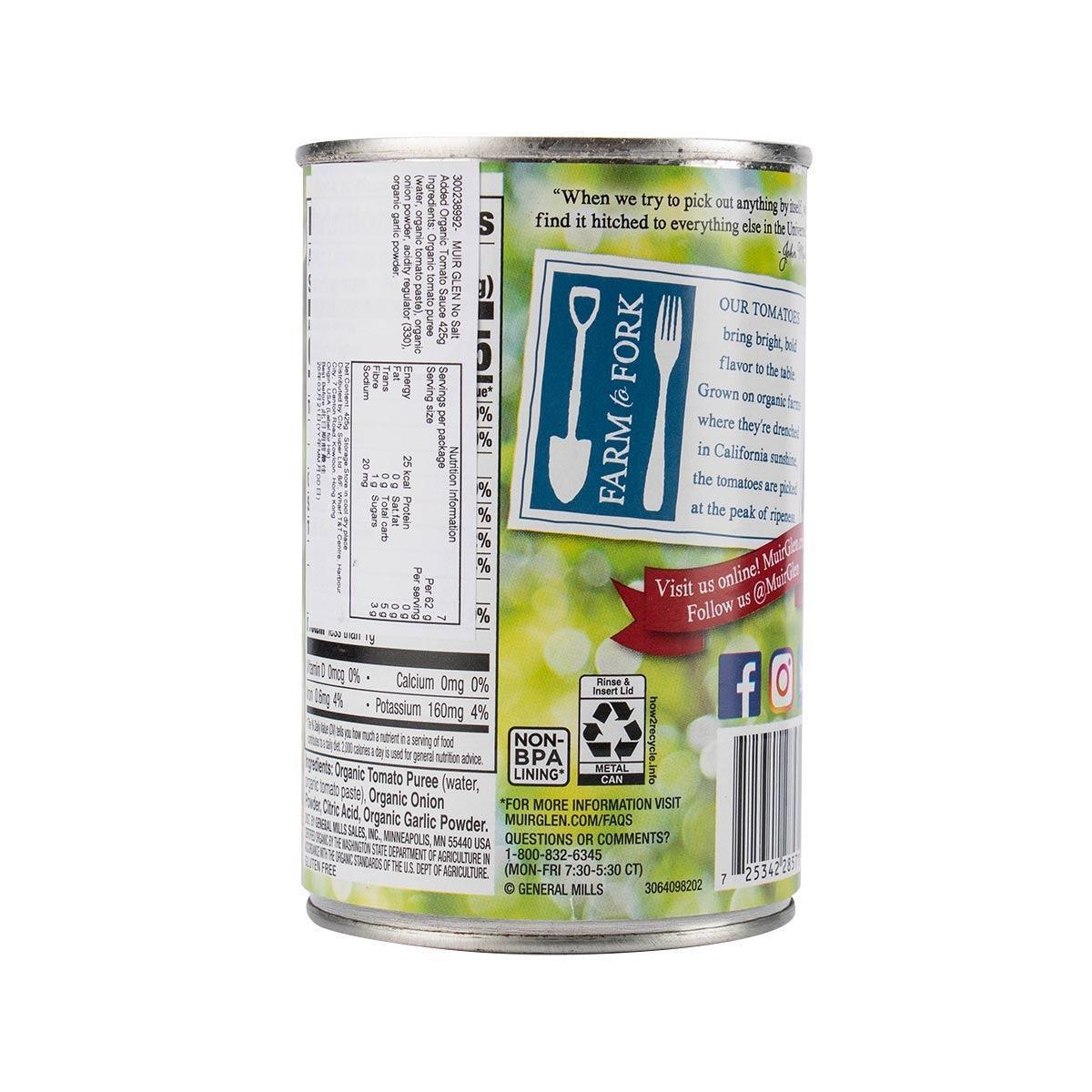 MUIR GLEN organic tomato sauce can, back label with ingredients and nutrition