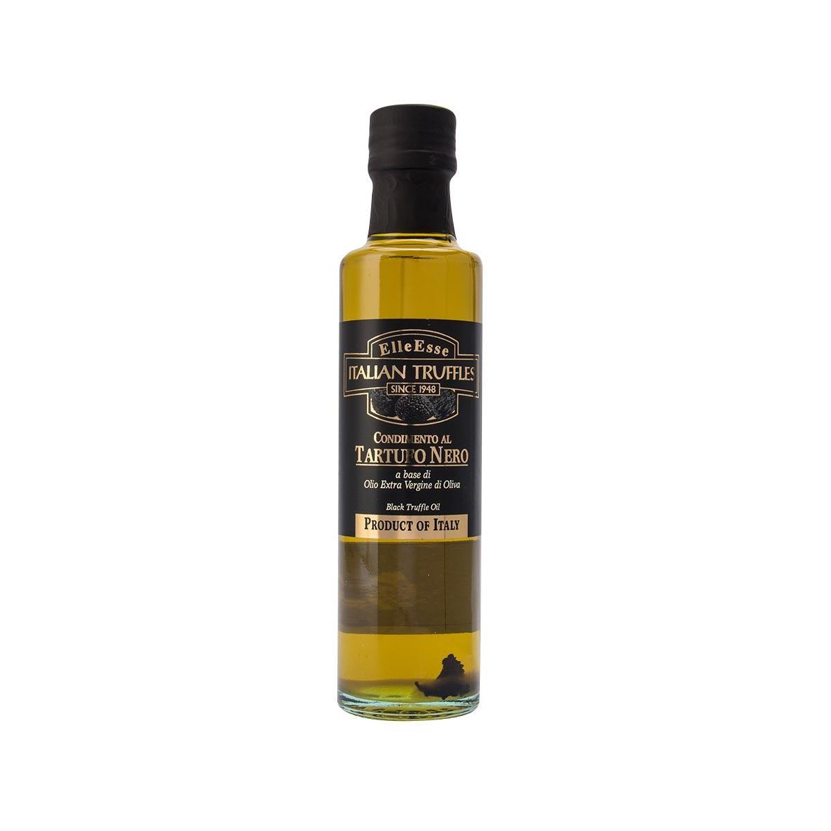 Truffle extra virgin olive oil bottle with black cap and front label
