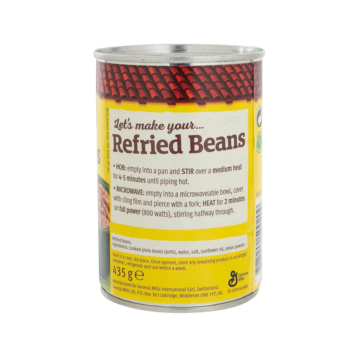 OLD EL PASO refried beans can back label with cooking and heating instructions