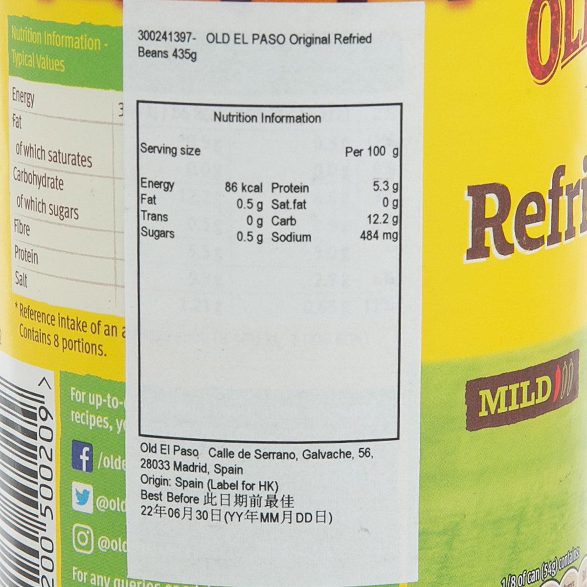 OLD EL PASO mild refried beans can nutrition information label