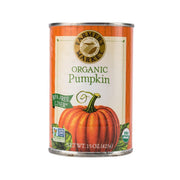 Organic pumpkin puree can, FARMERS MARKET label, 425 g net wt