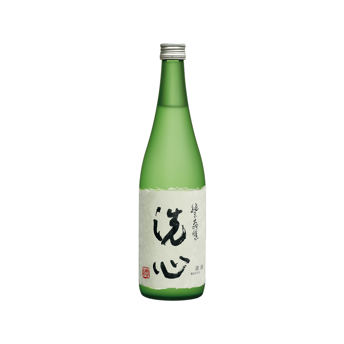 SENSHIN Junmai Daiginjo sake bottle, green glass with Japanese label