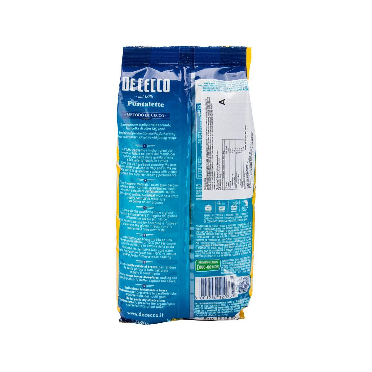 De Cecco Puntalette pasta bag back with nutrition info and barcode