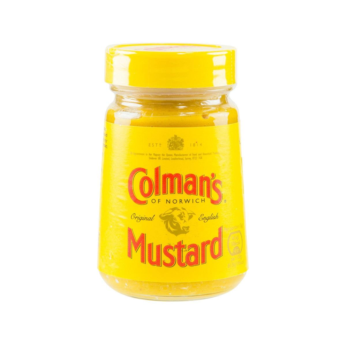 COLMAN'S Original mustard jar with yellow lid and bright yellow condiment