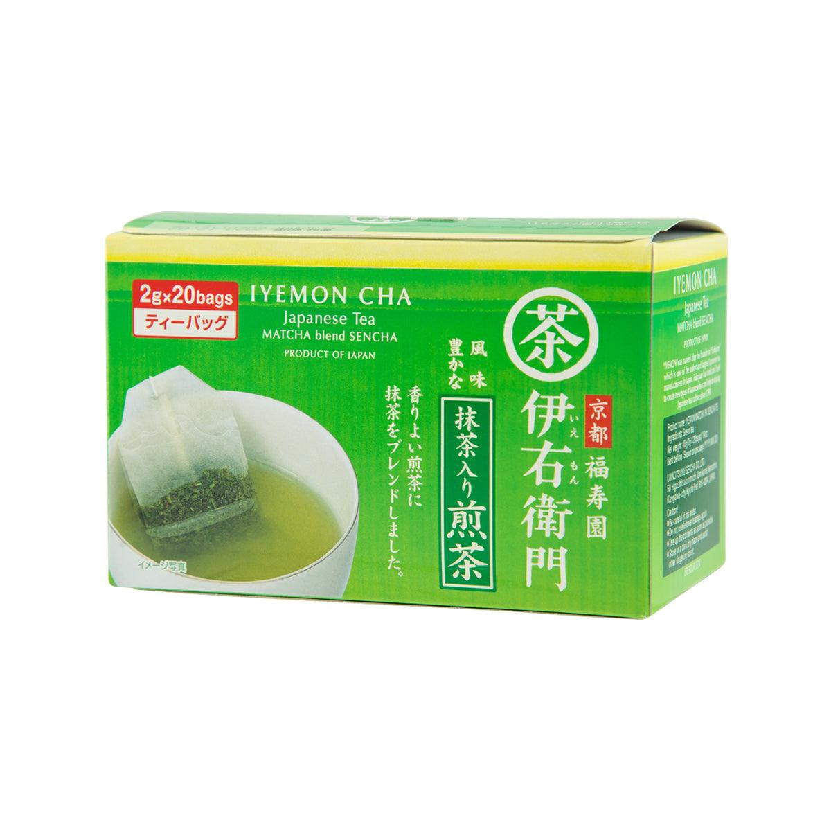 IYEMON green tea tea bag box, 2x20 bags, side view of green Japanese tea packaging