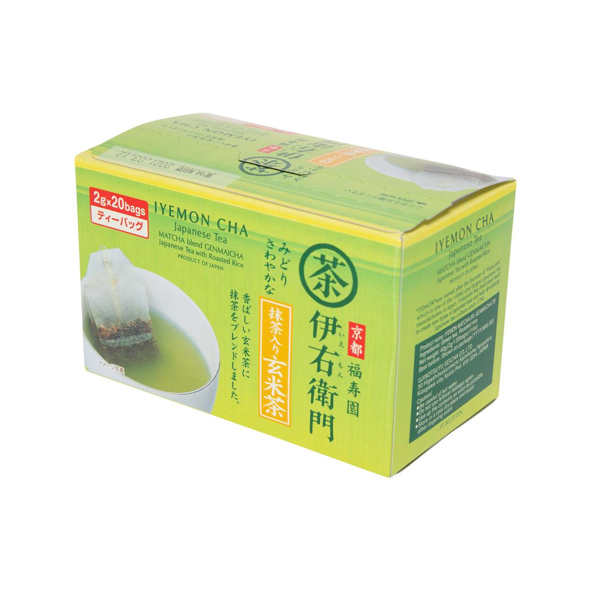 IYEMON Matcha Iri Genmaicha tea bags box, green, side view, 20 bags (2 g)