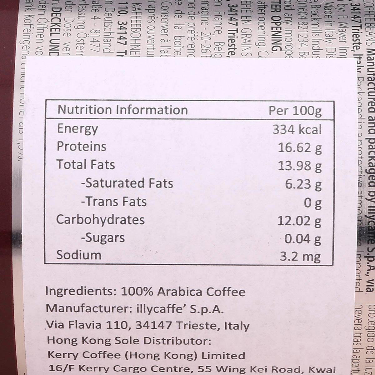 Nutrition information label for illy Intenso ground coffee, per 100g details