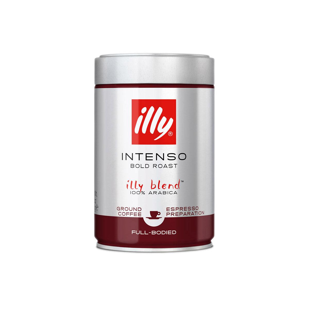 illy Intenso ground espresso coffee can, silver with red band and front label