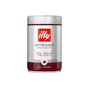 illy Intenso ground espresso coffee can, silver with red band and front label