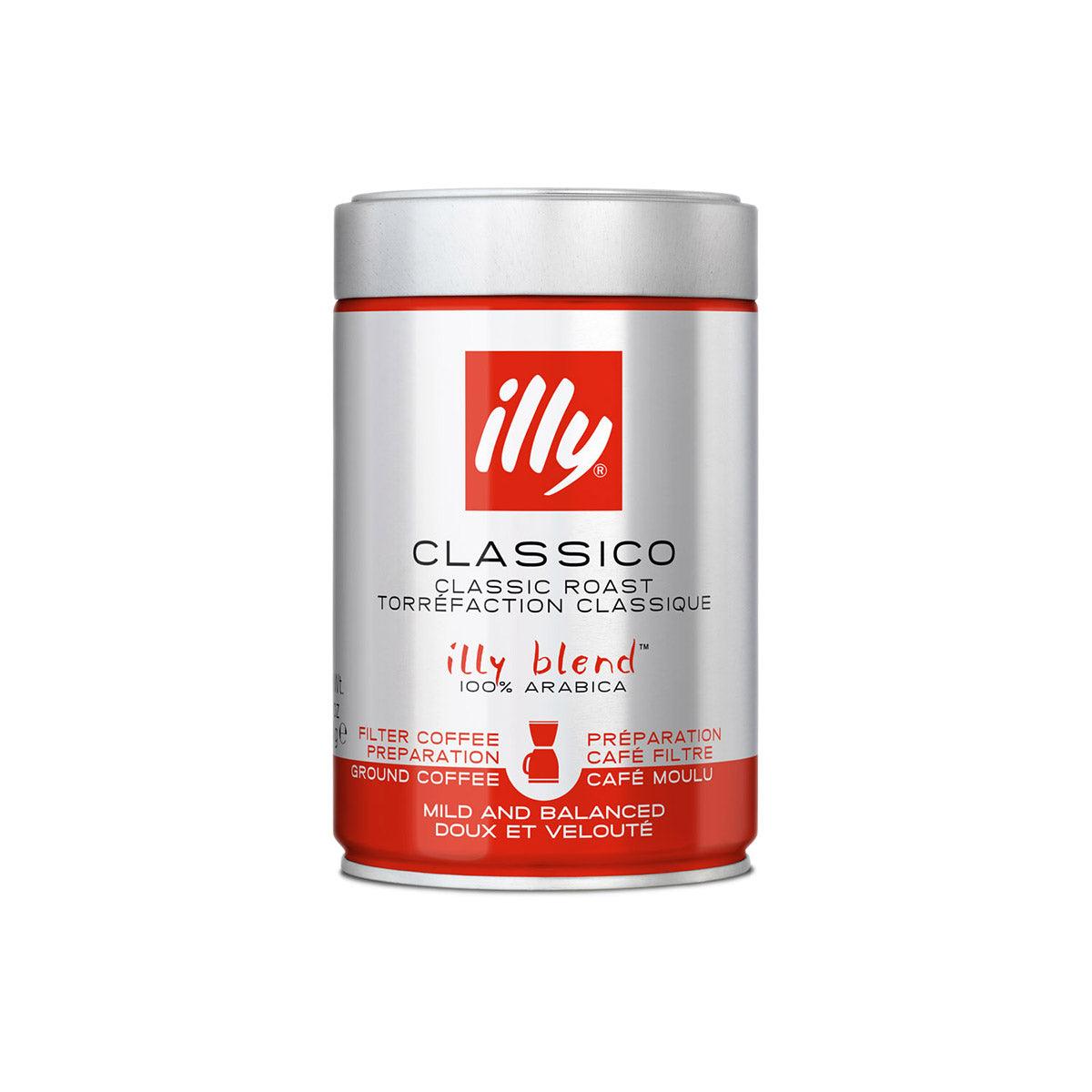 Ground coffee canister by illy, Classico label with red band, 250g