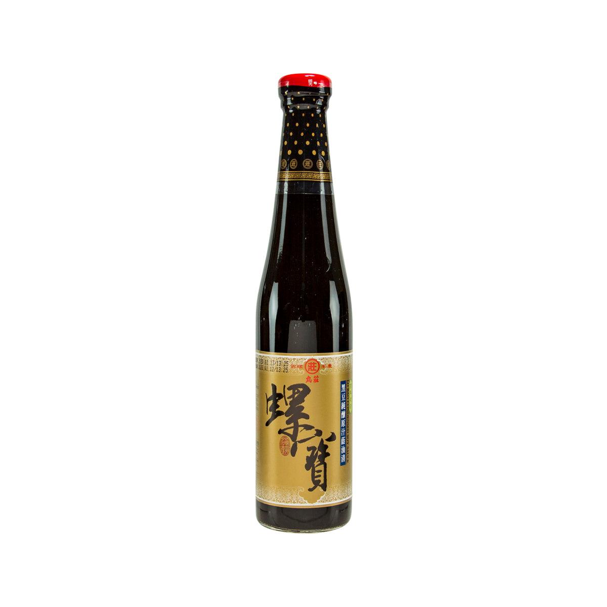 Condensed soy sauce bottle, dark amber glass with red cap and front label