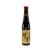 Condensed soy sauce bottle, dark amber glass with red cap and front label
