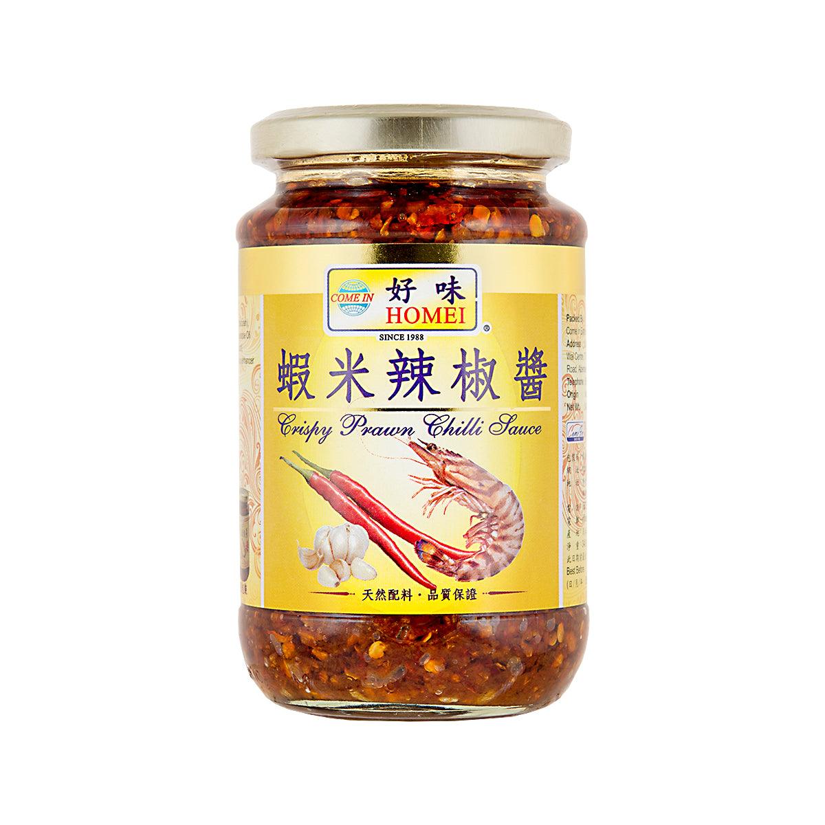 HOMEI crispy prawn chili sauce jar with chili oil and prawn pieces, 340g