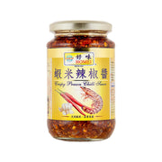 HOMEI crispy prawn chili sauce jar with chili oil and prawn pieces, 340g