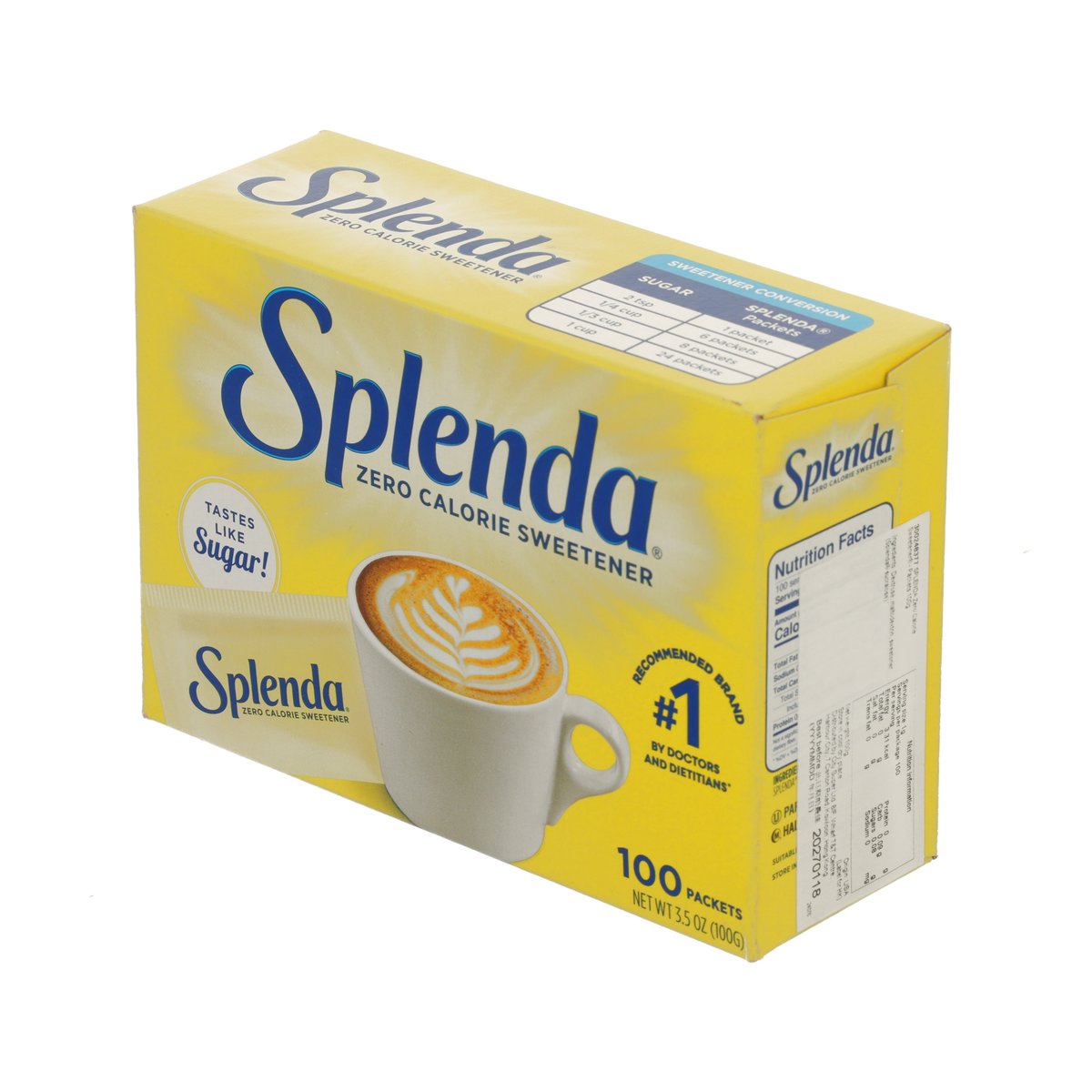 Splenda zero-calorie sweetener box with Nutrition Facts panel and 100 packets